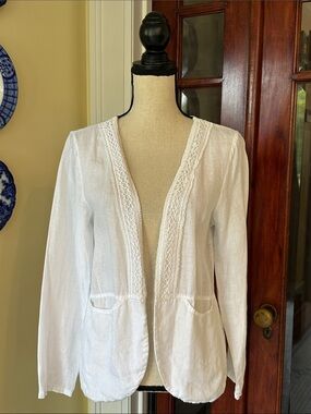 Lungo L’Arno | White Linen Open Front Cardigan/Jacket Crochet Trim, Pockets, M